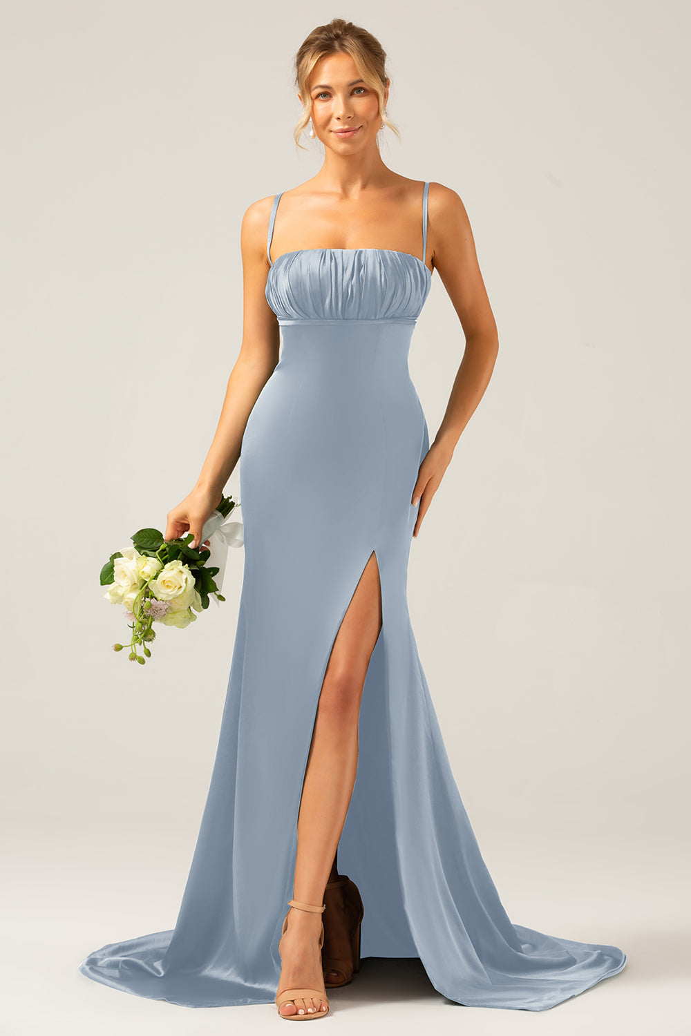 Mermaid Dusty Sage Spaghetti Straps Satin Formal Dress with Slit