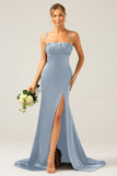 Mermaid Dusty Sage Spaghetti Straps Satin Formal Dress with Slit
