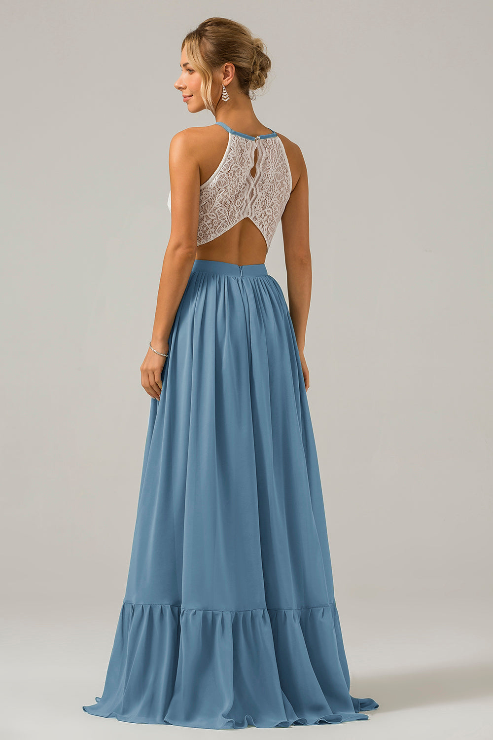 Keyhole Lavender Halter Boho Chiffon Long Bridesmaid Dress with Lace