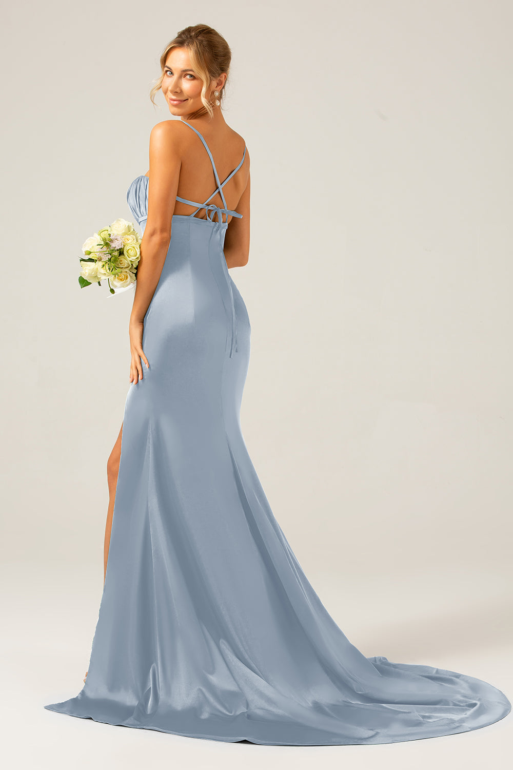Mermaid Dusty Sage Spaghetti Straps Satin Formal Dress with Slit