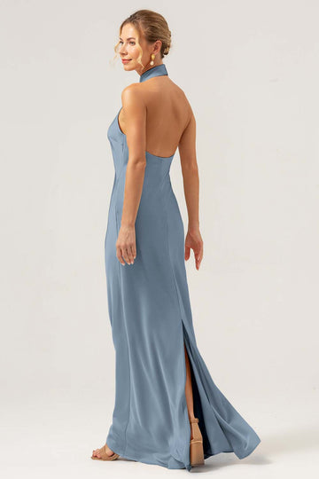 Dusty Blue Mermaid Halter Long Bridesmaid Dress with Slit