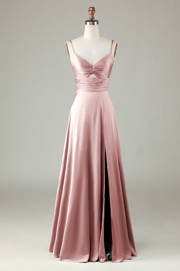 Dusty Rose Keyhole Spaghetti Straps Bridesmaid Dress with Slit