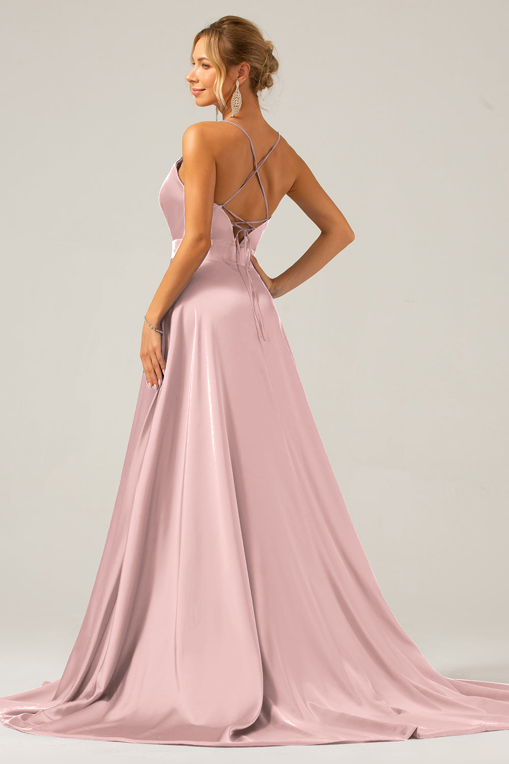 A Line Dusty Sage Spaghetti Straps Satin Formal Dress with Slit