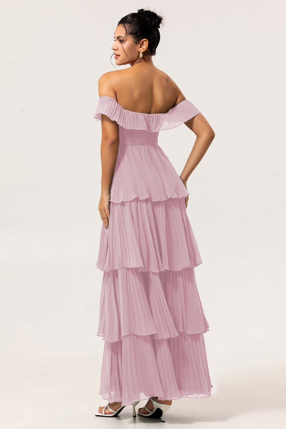 Eucalyptus A Line Off the Shoulder Tiered  Pleated Long Bridesmaid Dress with Slit
