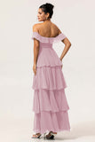 Eucalyptus A Line Off the Shoulder Tiered  Pleated Long Bridesmaid Dress with Slit