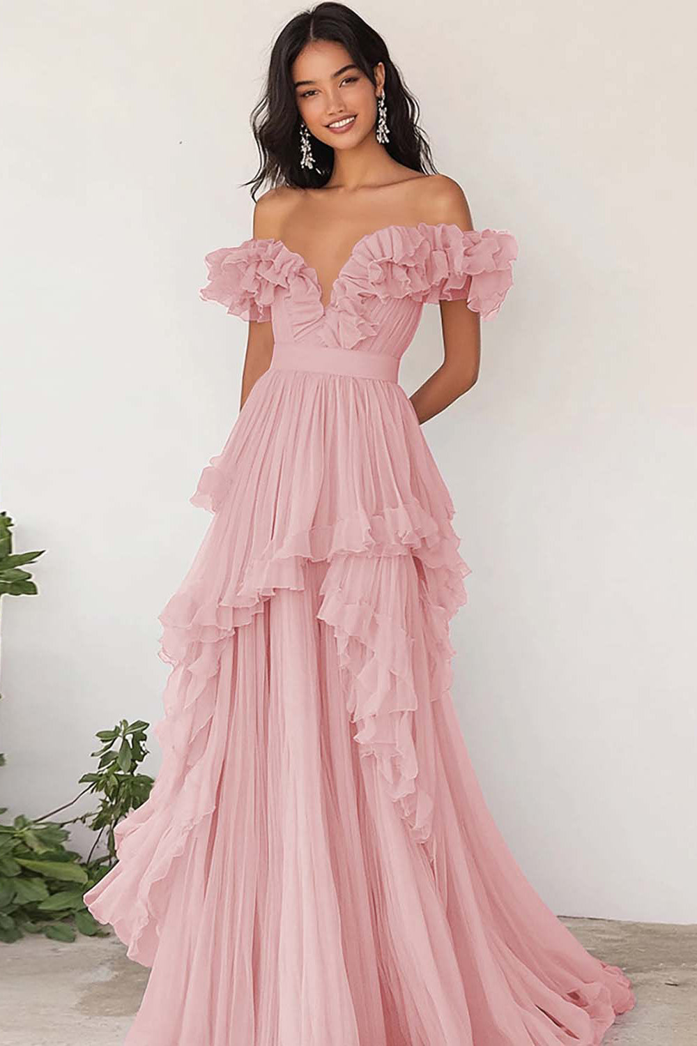 Lilac Chiffon Ruffled Off the Shoulder A Line Pleated Long Formal Dress