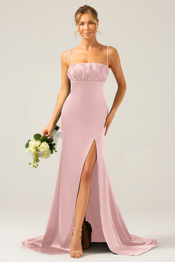 Mermaid Dusty Rose Spaghetti Straps Satin Formal Dress with Slit