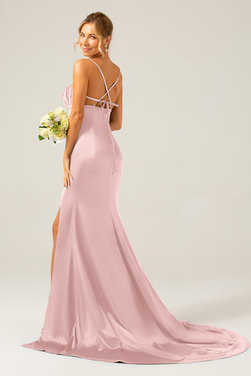Mermaid Dusty Rose Spaghetti Straps Satin Formal Dress with Slit
