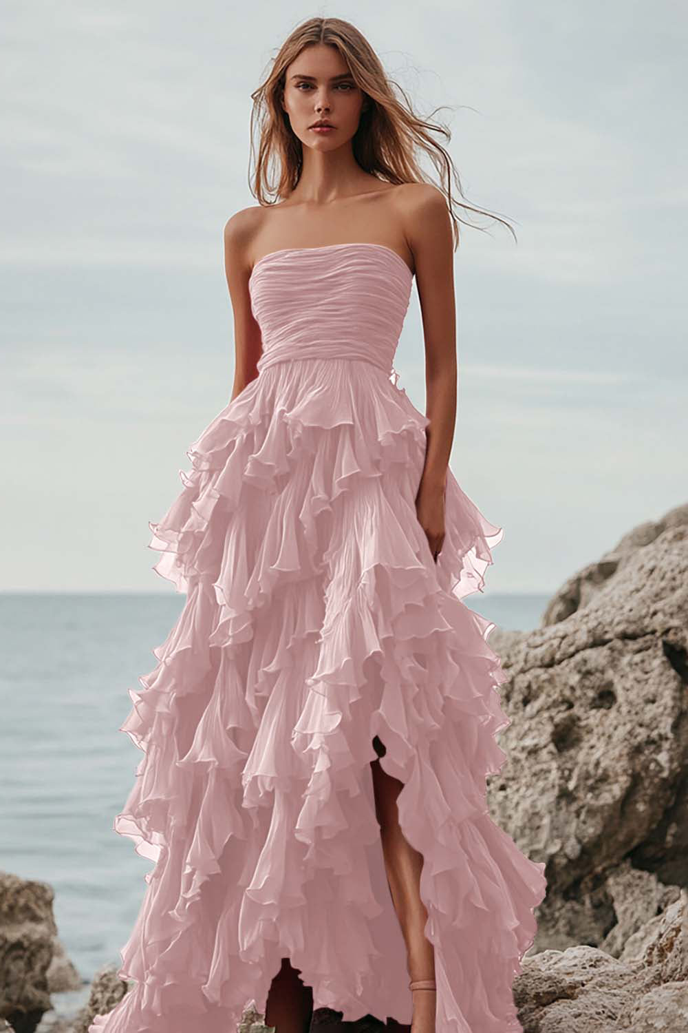 Fuchsia Organza Strapless Long Ball Gown Formal Dress with Ruffles