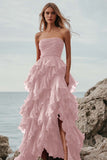 Fuchsia Organza Strapless Long Ball Gown Formal Dress with Ruffles