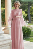 Lilac Pleated A Line Chiffon Mother of the Bride Dress with Sleeves