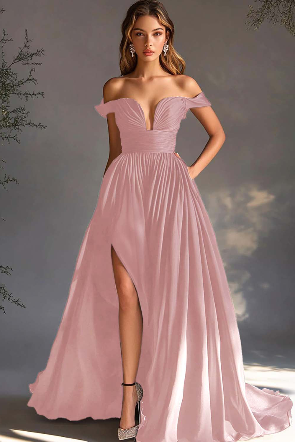 Black Off The Shoulder A Line Chiffon Long Formal Dress with Slit
