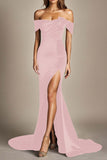 Red Mermaid Off the Shoulder Satin Formal Dress with Slit