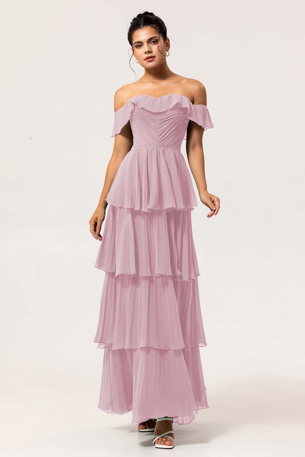 Eucalyptus A Line Off the Shoulder Tiered  Pleated Long Bridesmaid Dress with Slit