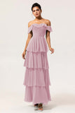Eucalyptus A Line Off the Shoulder Tiered  Pleated Long Bridesmaid Dress with Slit
