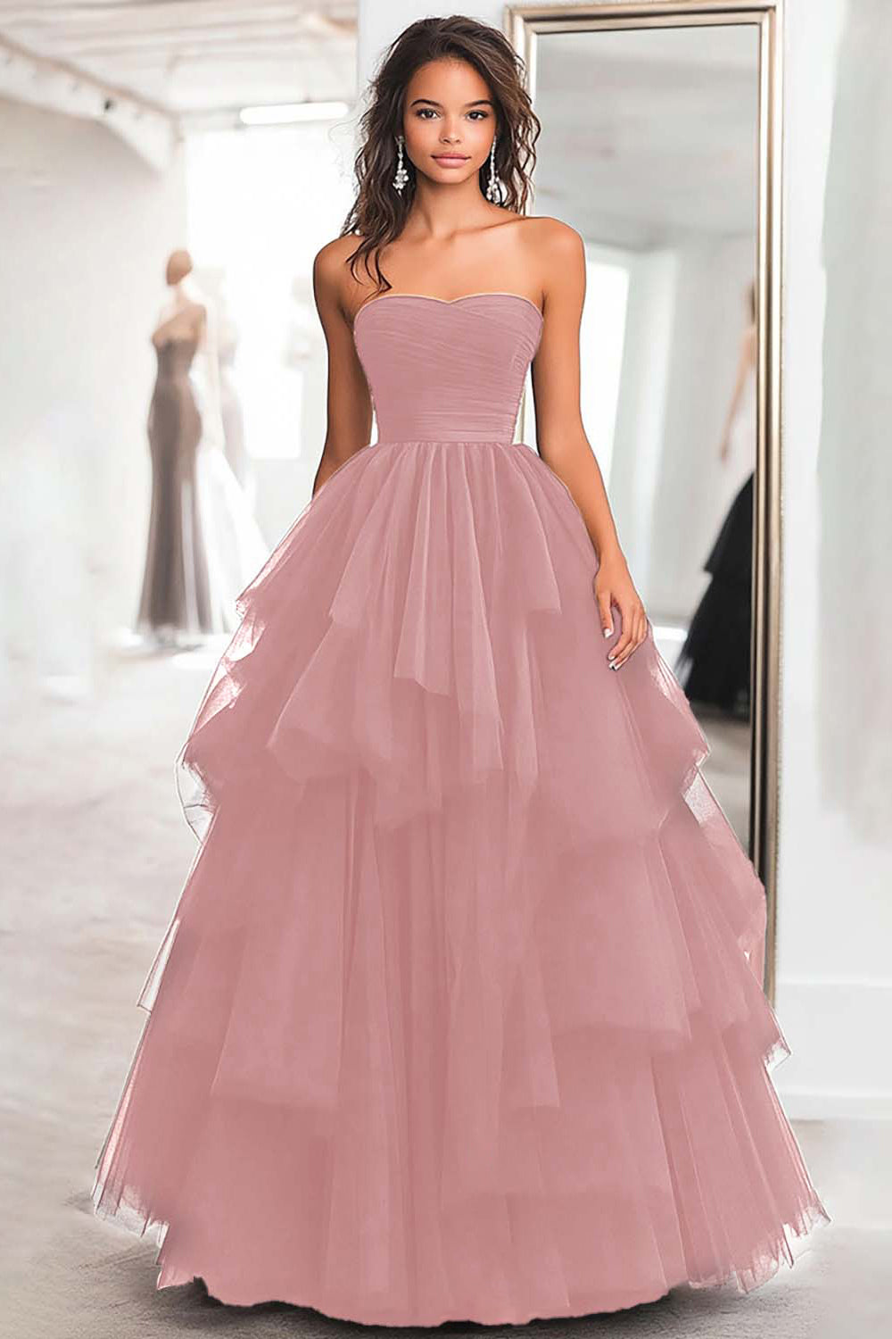 Black Ball Gown Strapless Tulle Tiered Long Formal Dress