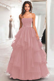Black Ball Gown Strapless Tulle Tiered Long Formal Dress