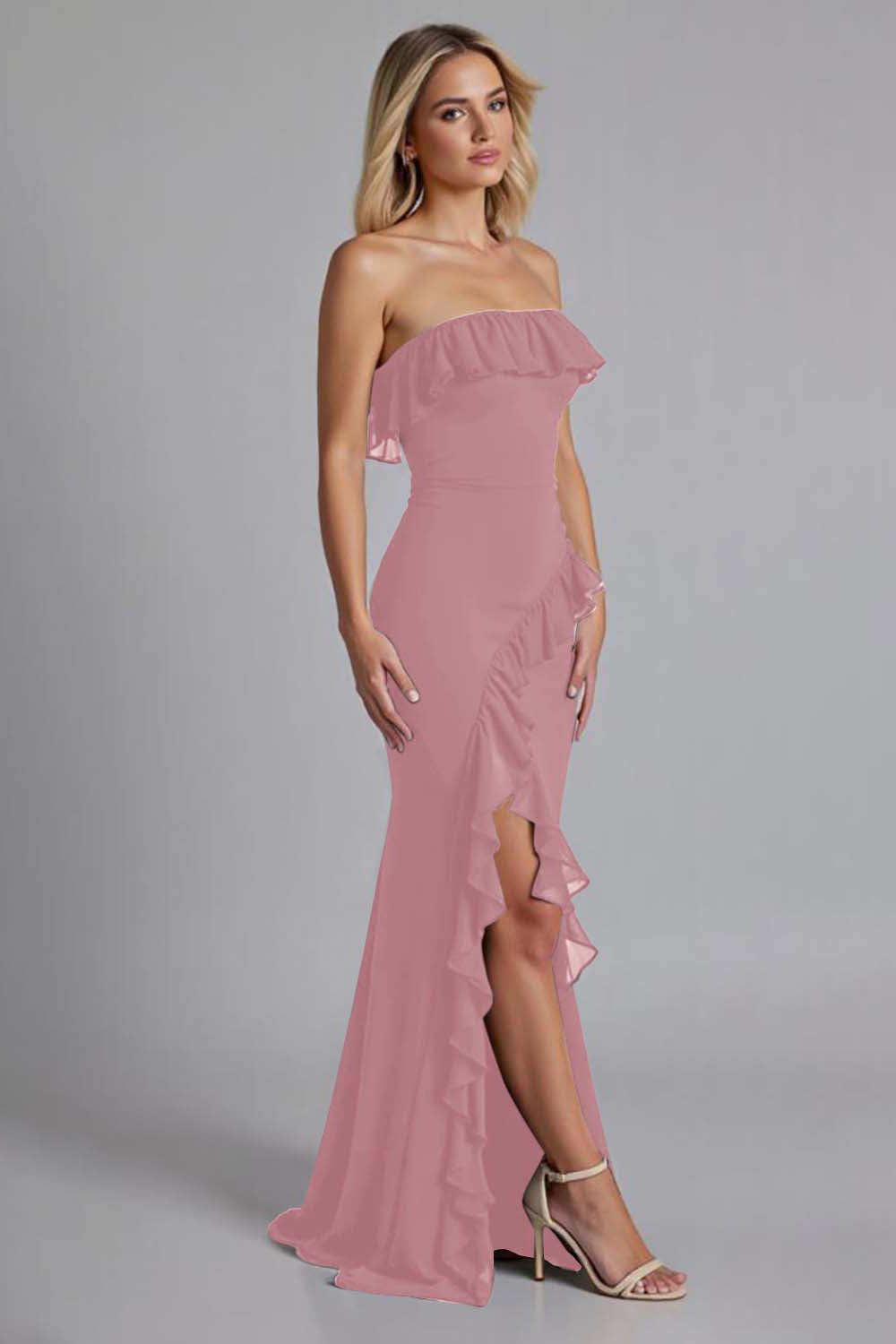 Burgundy Ruffled Chiffon Strapless Long Formal Dress with Slit