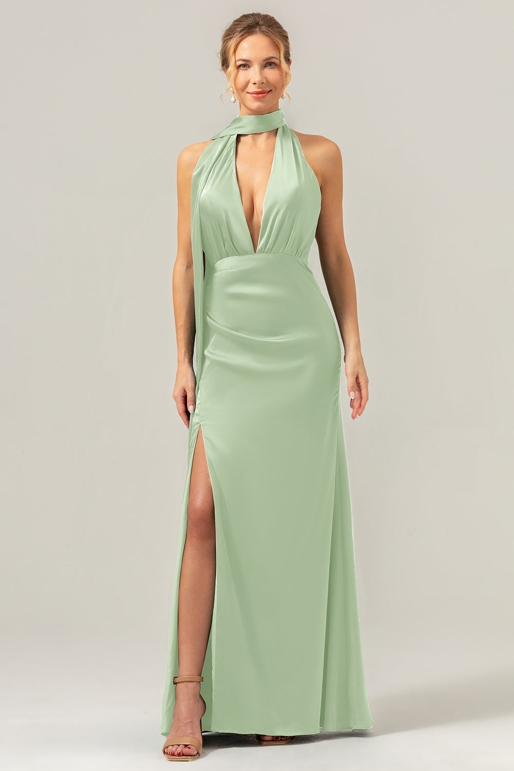 Fuchsia Sheath V-Neck Backless Long Bridesmaid Dress with Slit