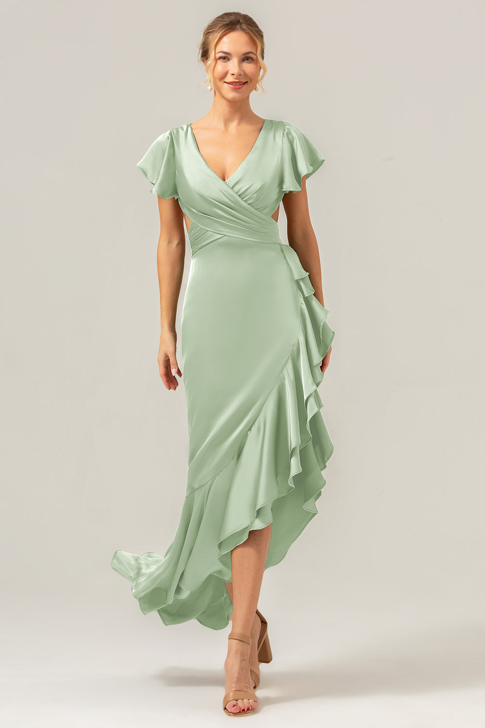 A Line Terracotta V Neck Satin Asymmetrical Bridesmaid Dress with Slit