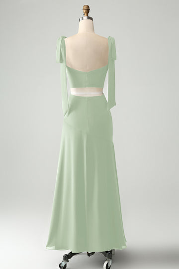 A-Line Dusty Dage Spaghetti Straps Floor Length Wedding Guest Dress with Slit