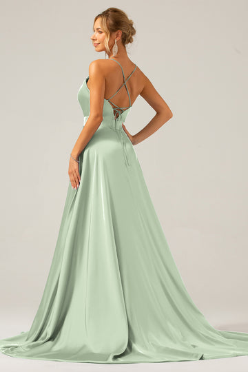 A Line Dusty Sage Spaghetti Straps Satin Formal Dress with Slit