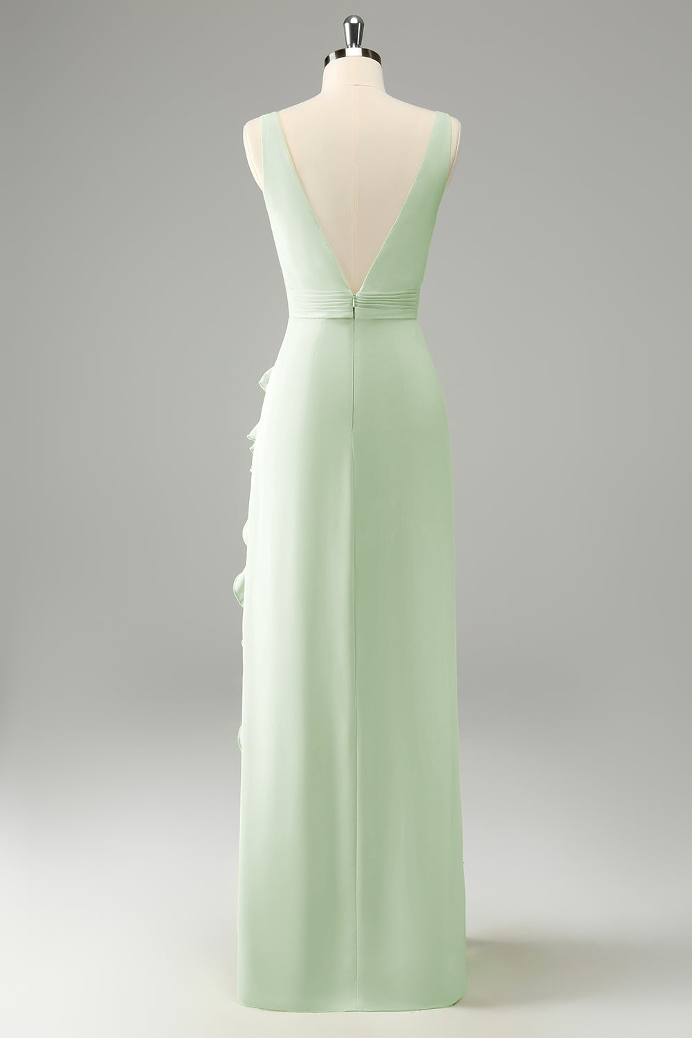 Dusty Blue Deep V Neck Ruffled Wedding Guest Dress with Slit
