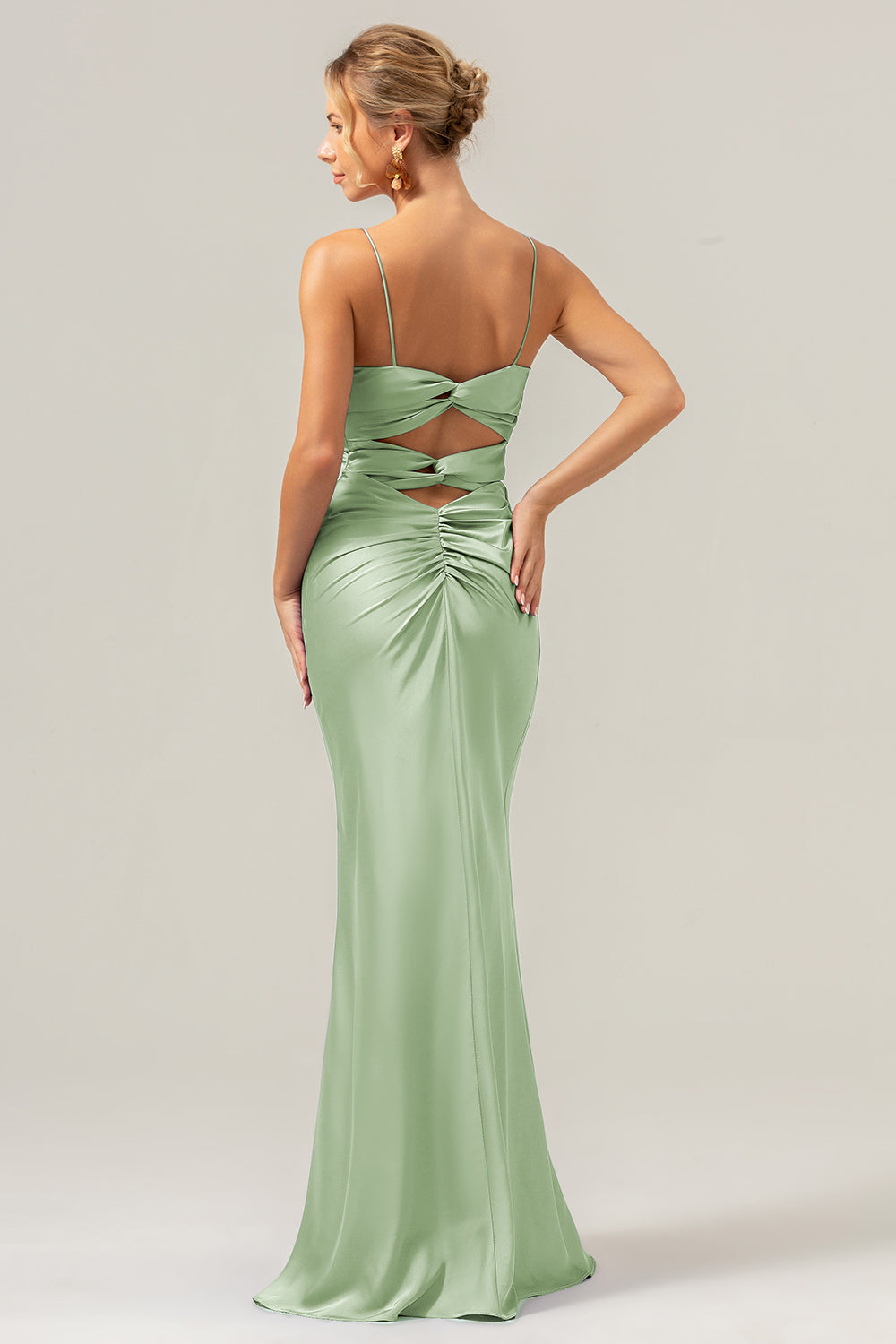 Dusty Blue Mermaid Spaghetti Straps Hollow Out Twist Front Bridesmaid Dress