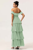 Eucalyptus A Line Off the Shoulder Tiered  Pleated Long Bridesmaid Dress with Slit
