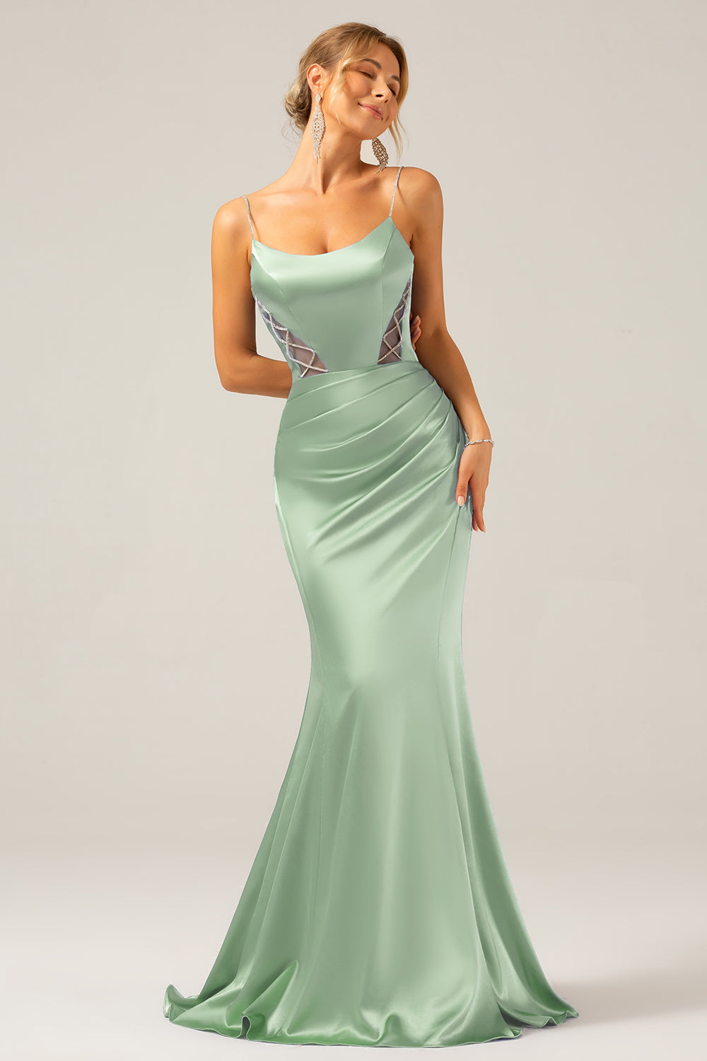 Dusty Sage Spaghetti Straps Mermaid Satin Long Formal Dress