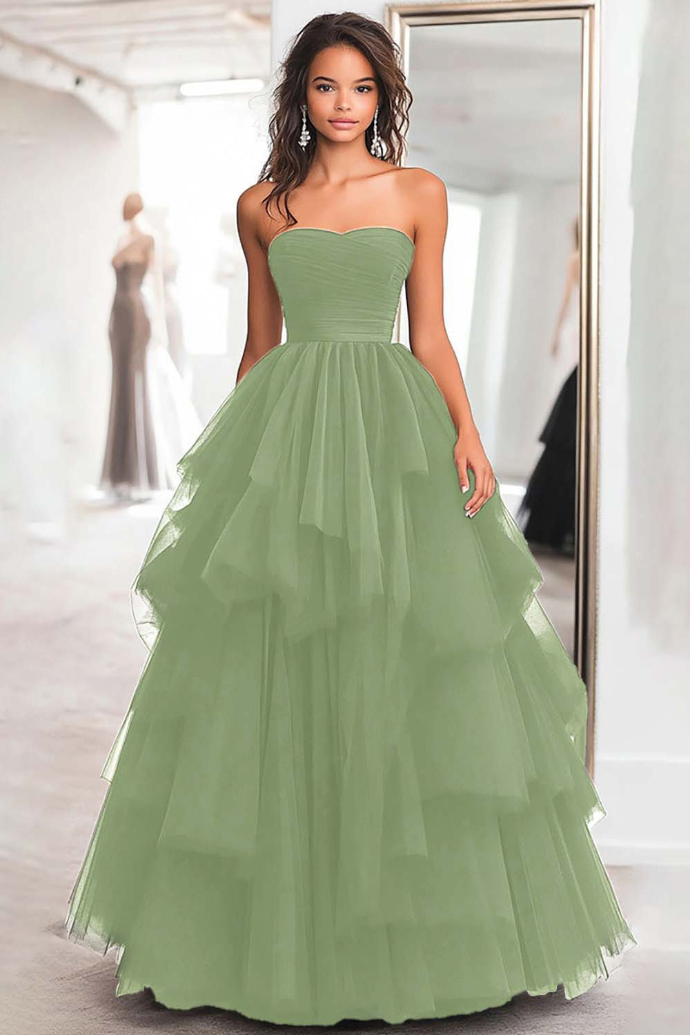 Black Ball Gown Strapless Tulle Tiered Long Formal Dress