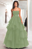 Black Ball Gown Strapless Tulle Tiered Long Formal Dress