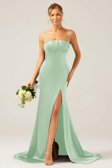 Mermaid Dusty Sage Spaghetti Straps Satin Formal Dress with Slit