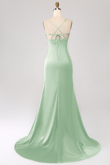 Dusty Sage Mermaid Spaghetti Straps Satin Formal Dress with Slit