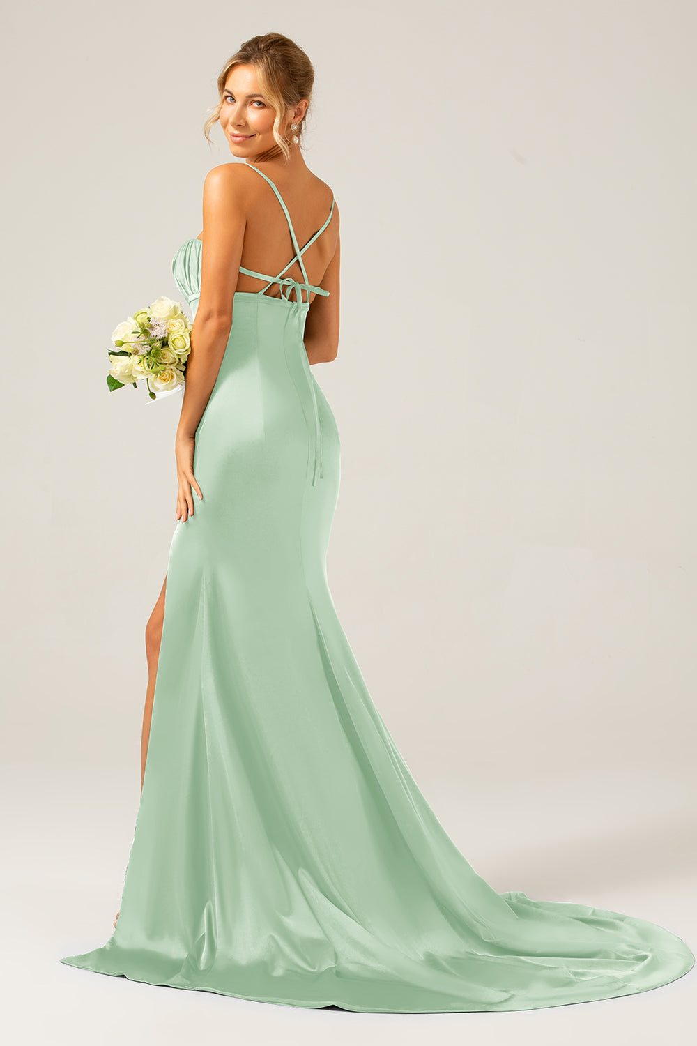 Mermaid Dusty Sage Spaghetti Straps Satin Formal Dress with Slit