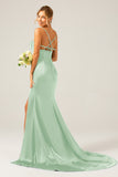 Mermaid Dusty Sage Spaghetti Straps Satin Formal Dress with Slit