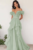 Lilac Chiffon Ruffled Off the Shoulder A Line Pleated Long Formal Dress