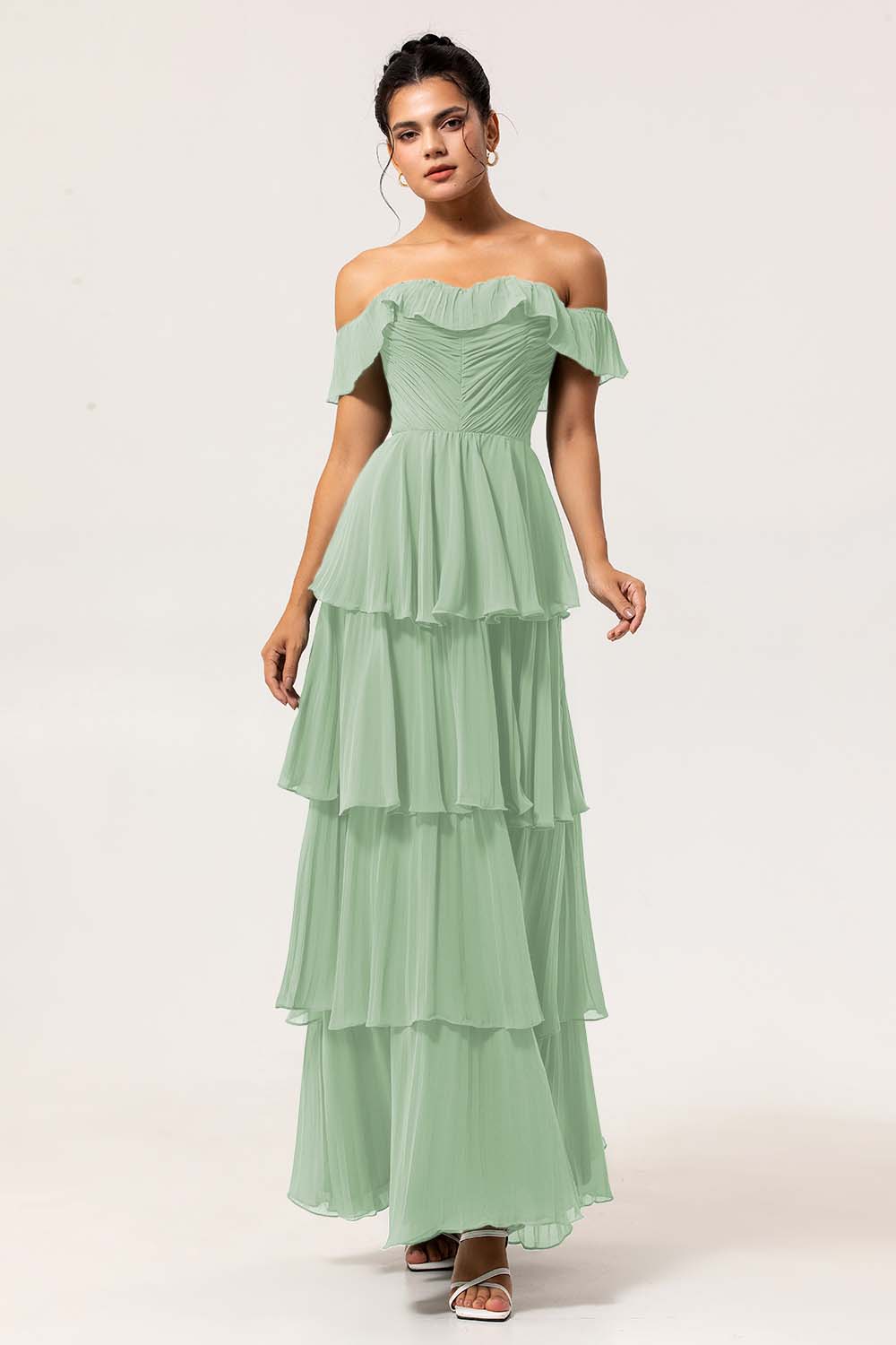 Eucalyptus A Line Off the Shoulder Tiered  Pleated Long Bridesmaid Dress with Slit