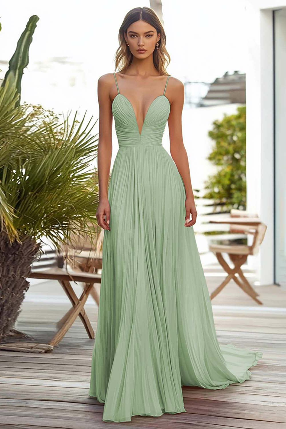 Pink Chiffon A Line Spaghetti Straps Pleated Long Wedding Guest Dress