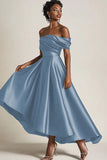 Olive A-Line Off the Shoulder Ruched Satin Ankle Length Mother of the Bride Dress