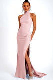 Sky Blue Halter Satin Mermaid Long Formal Dress with Slit