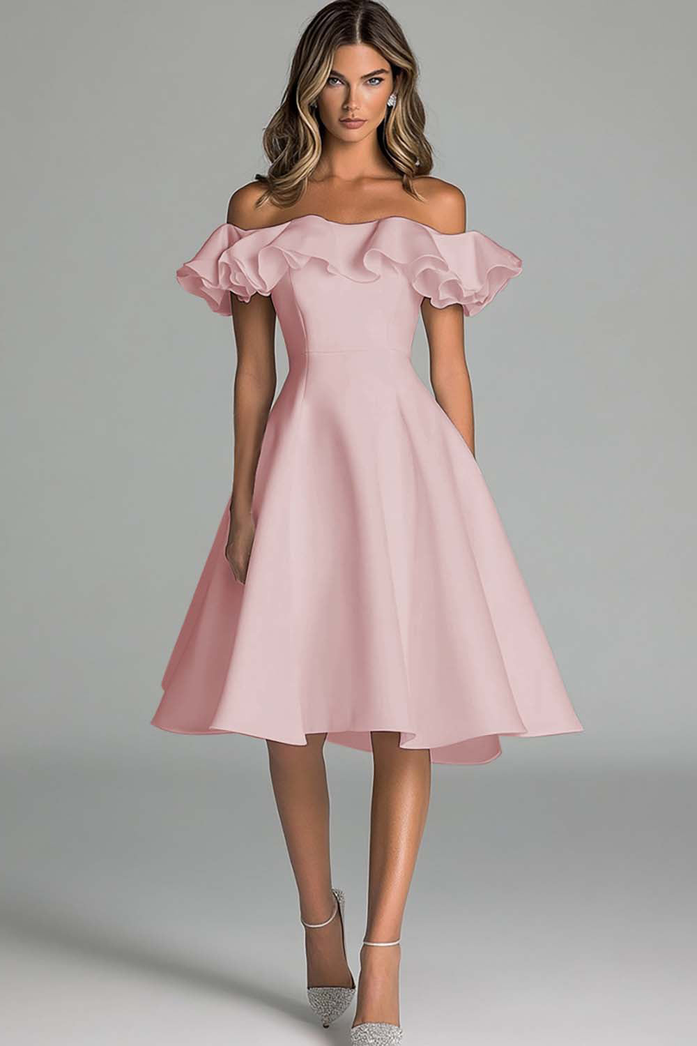 White Off The Shoulder A Line Midi Graduation Dress With Ruffles