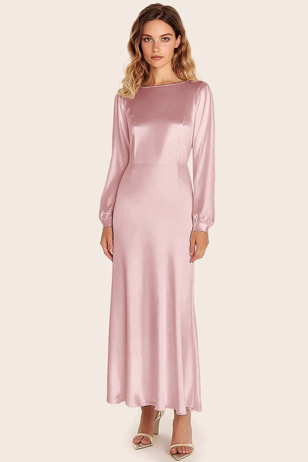 Ivory Satin Boat Neck A-Line Long Formal Dress with Long Sleeves