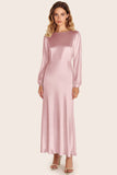Ivory Satin Boat Neck A-Line Long Formal Dress with Long Sleeves