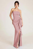 Sky Blue Satin Strapless Mermaid Ruched Long Formal Dress With Slit