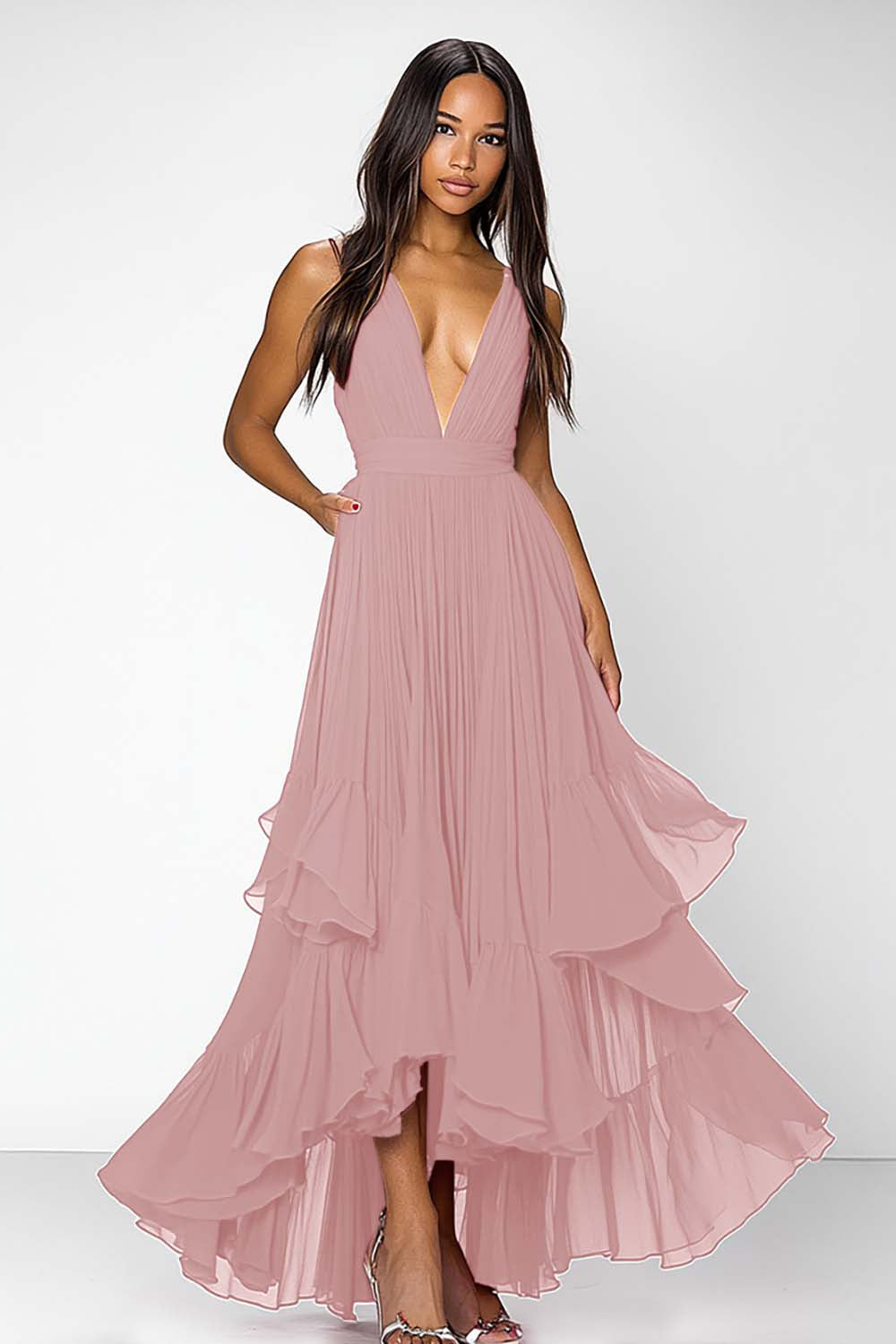 Red Deep V Neck Ruched Ruffles A Line Formal Dress