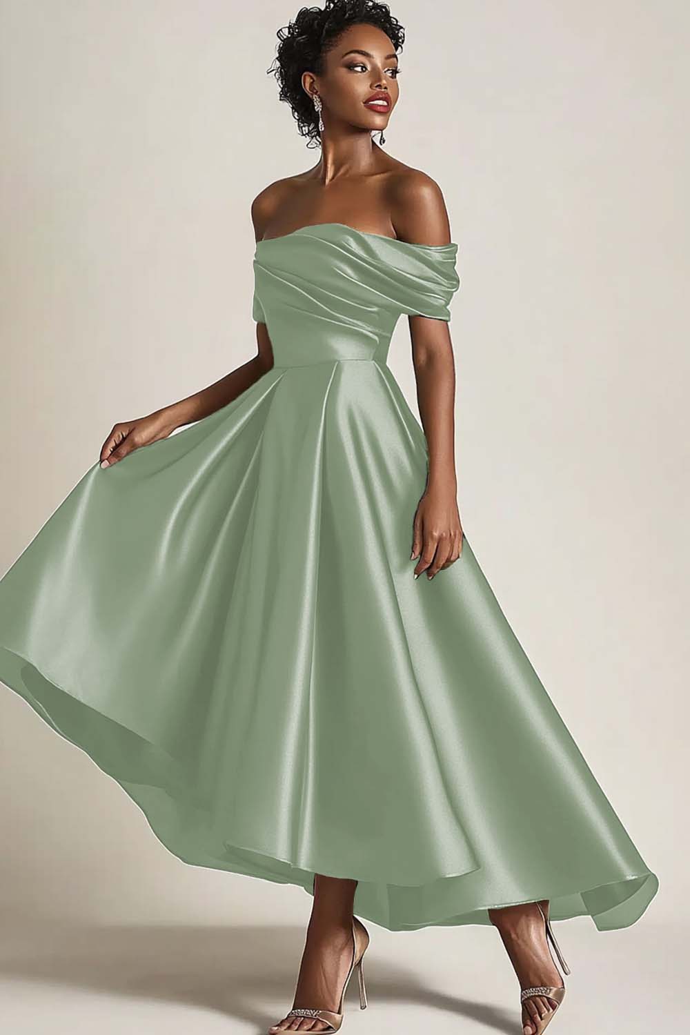 Olive A-Line Off the Shoulder Ruched Satin Ankle Length Mother of the Bride Dress