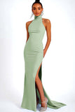 Sky Blue Halter Satin Mermaid Long Formal Dress with Slit