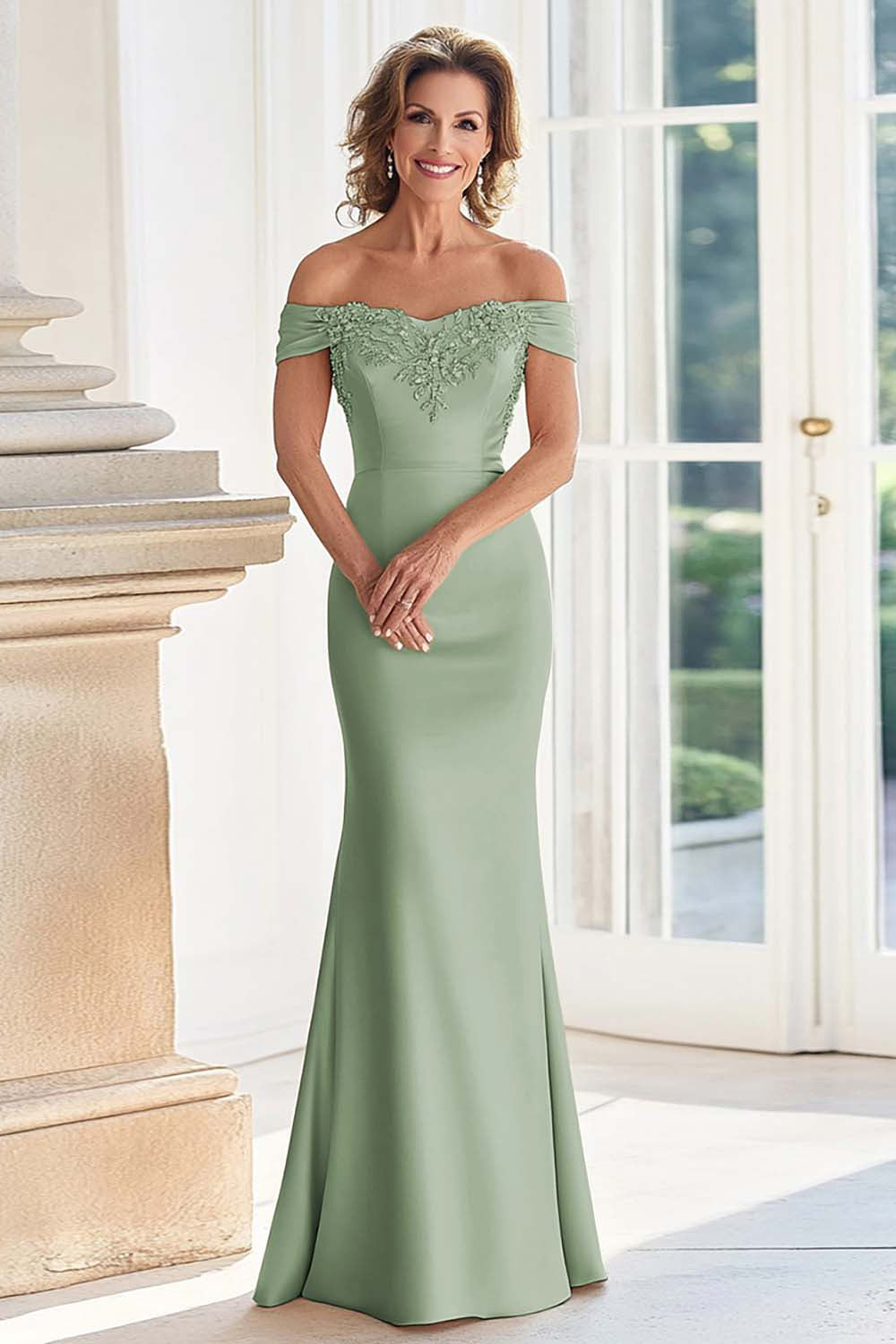 Champagne Off the Shoulder Sheath Mother of the Bride Dress with Appliques