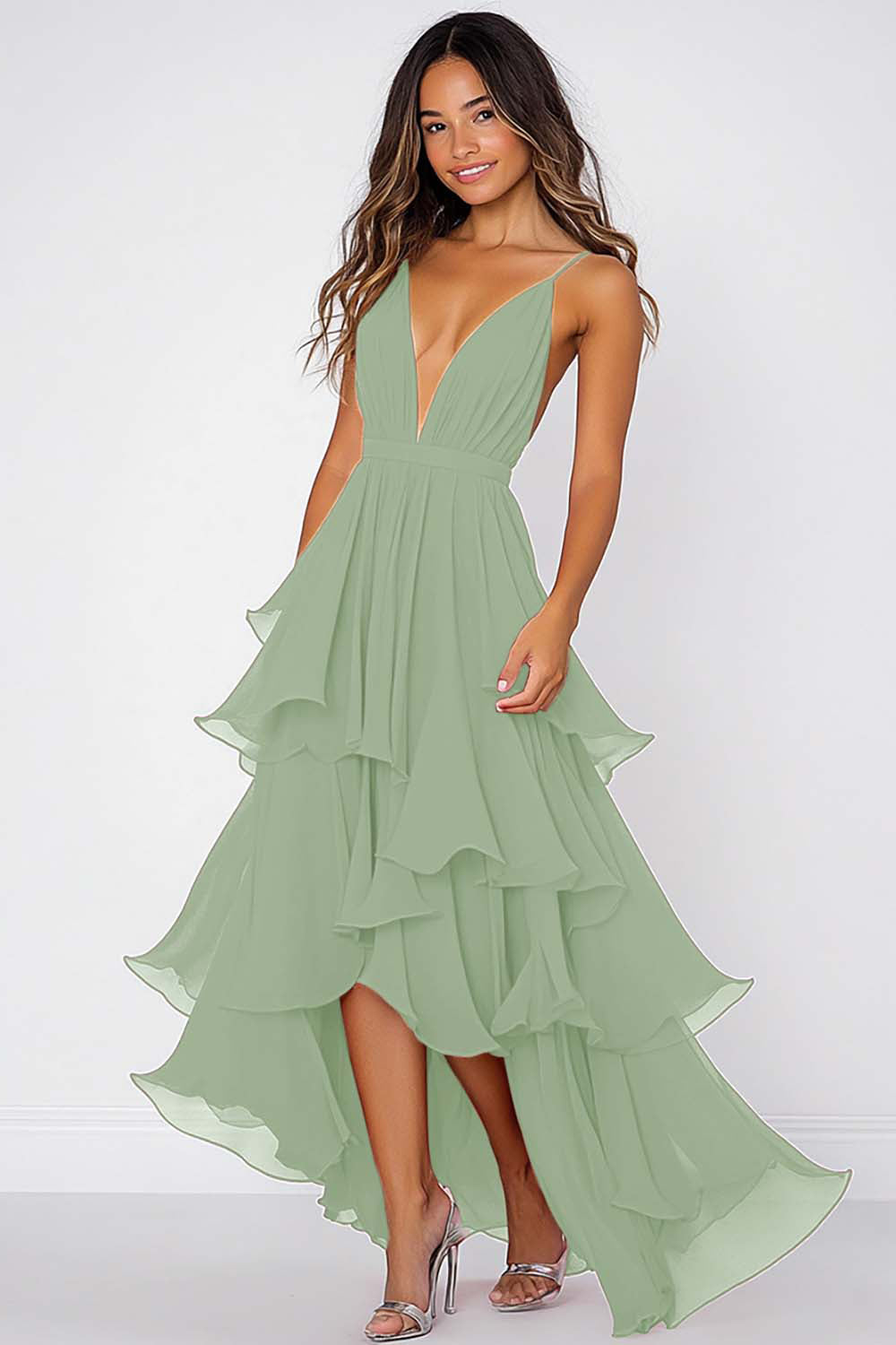 Ruffled Tiered Black Chiffon Spaghetti Straps Formal Dress